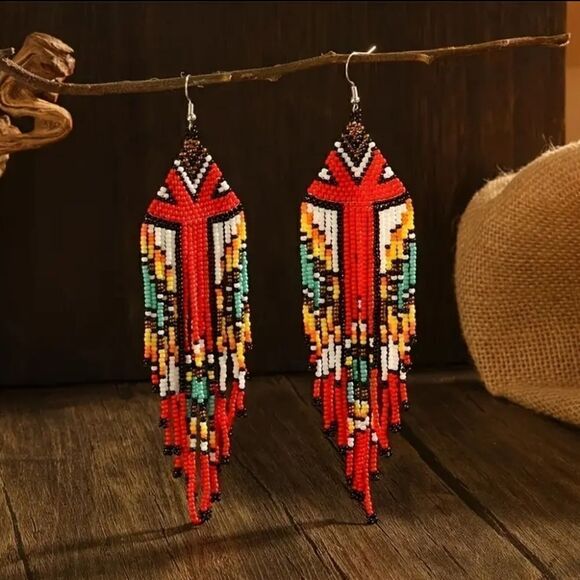 Handmade Native American-Style Beaded Tassel Fashion* Earrings Extra Long 1 pair - Picture 3 of 17